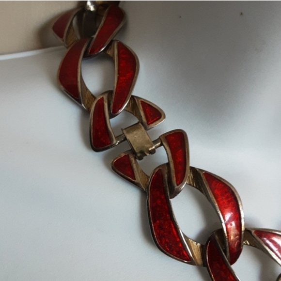 Vintage‎ Enamel Linked Pink Gold Tone Link Collar Statement Necklace - Picture 2 of 5